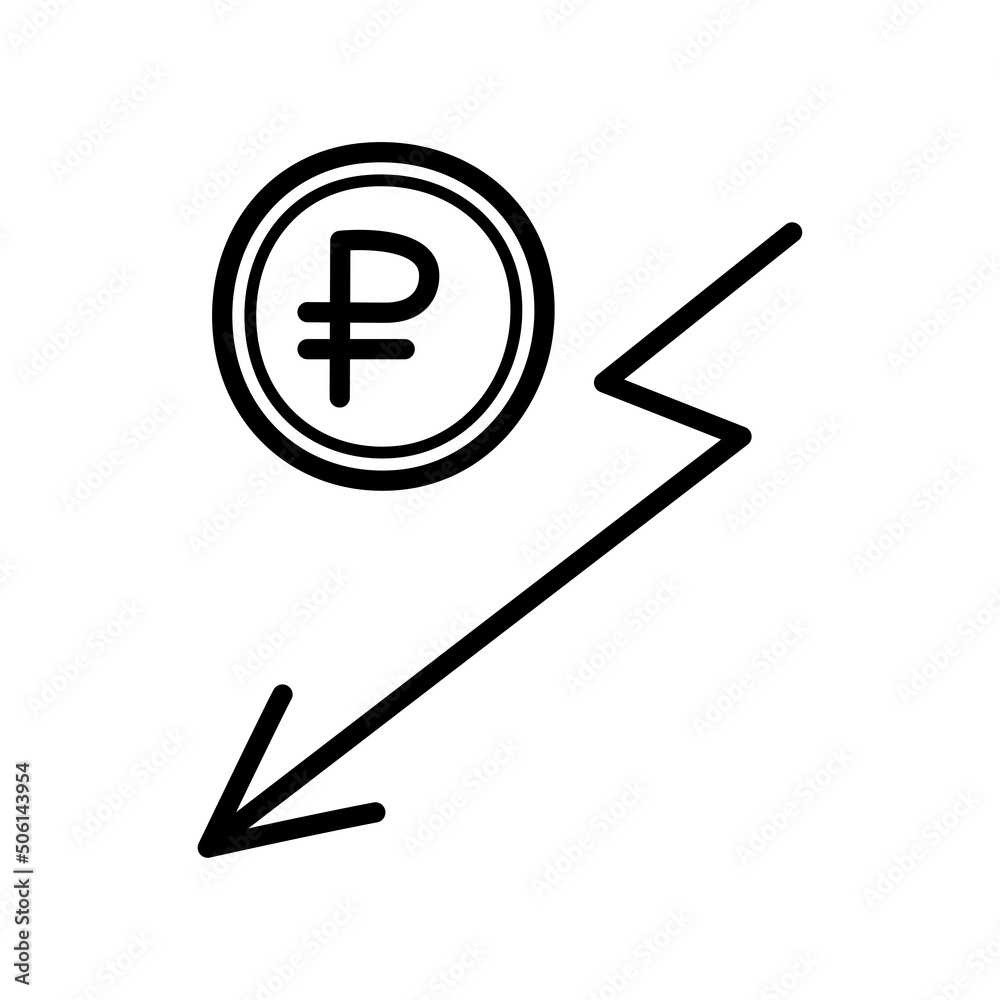 Russian ruble. Currency fall. Financial and economy concept. Hand drawn sketch icon of coin with the ruble symbol and arrow to down. Isolated vector illustration in doodle line style. Russian ruble. Currency fall. Financial and economy concept. Hand drawn sketch icon of coin with the ruble symbol and arrow to down. Isolated vector illustration in doodle line style.