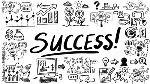 Business words and phrases typography doodle graphic with concept icons and symbols