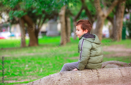 portrait of a spanish boy in the park sitting on a tree