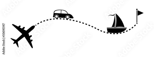 Travel agency concept illustration. Airplane, car, boat, flag vector illustration. Travel, transport concept illustration to use for tourism, summer holiday, business travel projects.