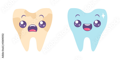 Vector set icons of dirty teeth and white tooth. Illustration of tooth in kawaii style.