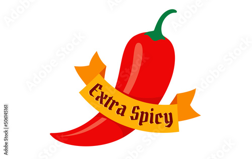 Vector illustration of chilli pepper. Vector icon of red chili pepper with ribbon on isolated bacground.
