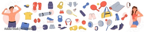 Set of sports equipment. Dumbbell, barbell, clothes. Yoga equipment. Equipment for training in the gym. Workout stuff bundle. Isolated flat vector illustration.