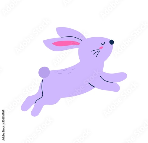 Happy Easter Sticker. Bright icon with purple rabbit jumping up. Furry wild animal or bunny. Design for traditional Christian holiday. Cartoon flat vector illustration isolated on white background
