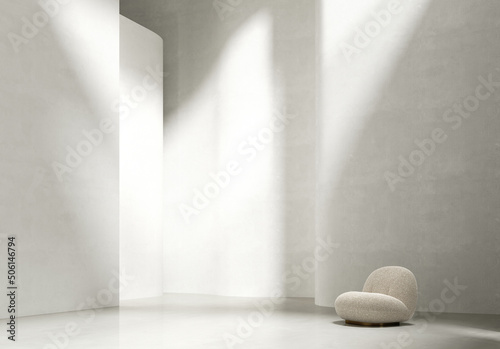 Fototapeta Naklejka Na Ścianę i Meble -  3d minimalistic white interior with armchair, space with sunshine and shadows. 3D rendering illustration mock up.	