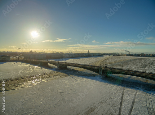  aerial view of the bridge with the river in ice. High quality photo