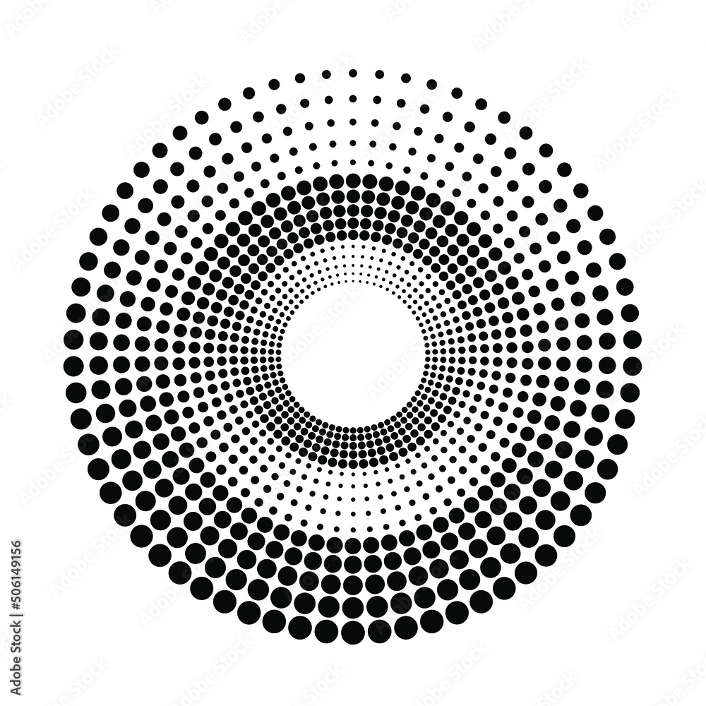 Black halftone dotted lines in radial form. Geometric art. Trendy design element for frame, logo, tattoo, sign, symbol, web pages, prints, posters, template, pattern and abstract background