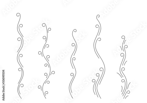 Vines with curls and leaves isolated on white background. Vertical plants and simple floral elements for eco design or organic decor, logo or other use. Line art style. Vector illustration. Set.