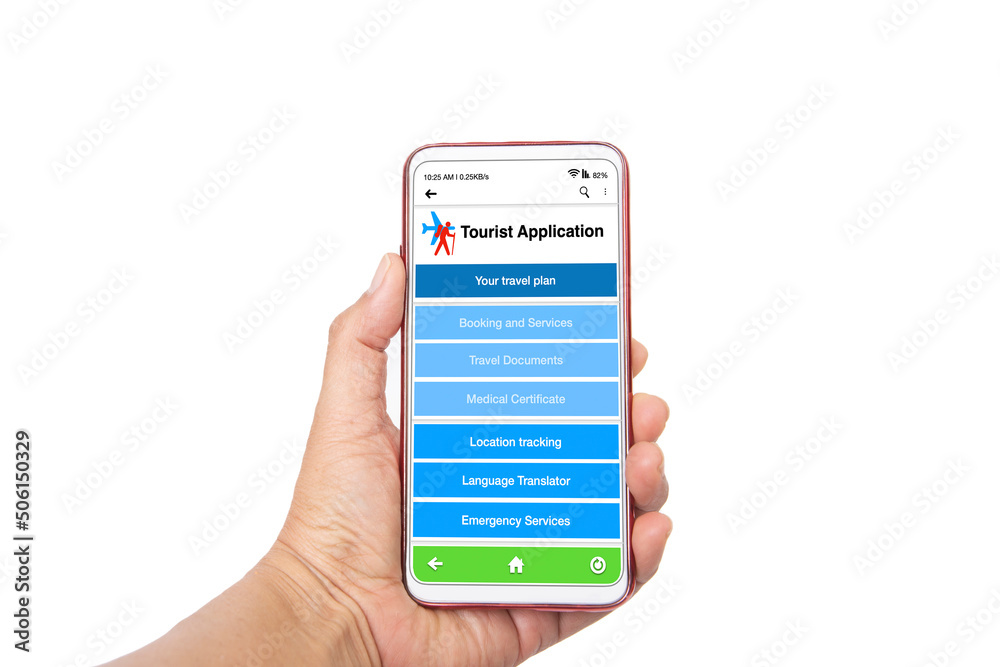 Hand holding smartphone shown tourist mobile application on screen. Hand holding smartphone shown tourist mobile application on screen.