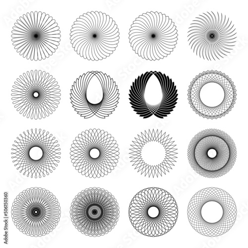 Spirograph. Set of geometric, circular ornaments. Isolated graphic elements. Vector illustration.