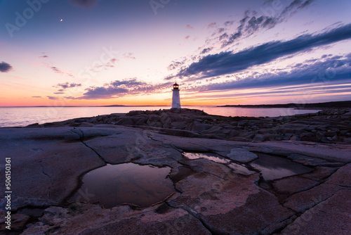 Peggy's Cove Lighthouse during a vibrant sunset. Atlantic Coast, Nova Scotia, Canada. The most visited tourist location in the Atlantic Canada