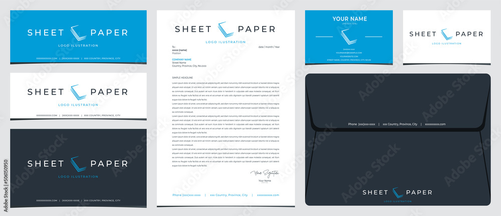C shaped paper sheet logo with stationery, business card and social media banner designs