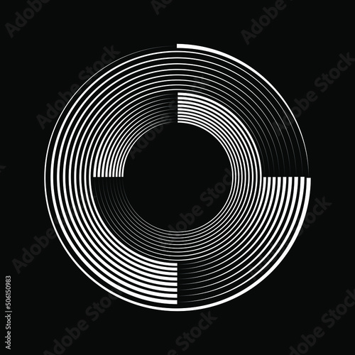 White abstract concentric curvy lines. Segmented circle. Trendy design element for frame, round technology logo, sign, symbol, web, prints, posters, template, pattern