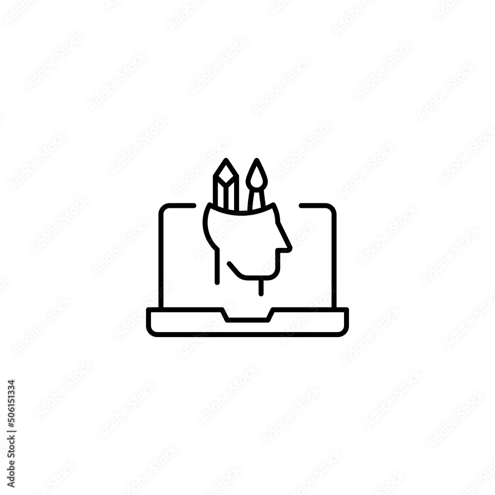 Simple black and white illustration drawn with thin line. Perfect for advertisement, internet shops, stores. Editable stroke. Vector line icon of artist on laptop monitor Simple black and white illustration drawn with thin line. Perfect for advertisement, internet shops, stores. Editable stroke. Vector line icon of artist on laptop monitor