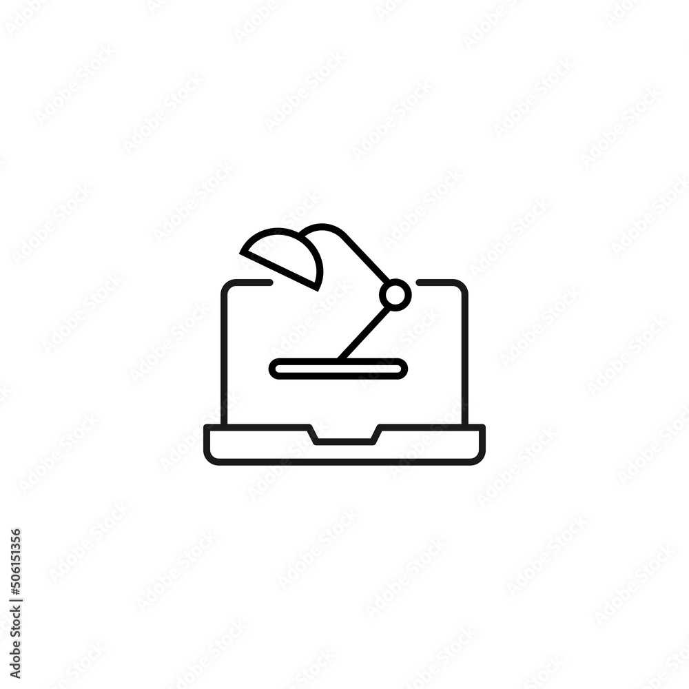 Simple black and white illustration drawn with thin line. Perfect for advertisement, internet shops, stores. Editable stroke. Vector line icon of table lamp laptop monitor Simple black and white illustration drawn with thin line. Perfect for advertisement, internet shops, stores. Editable stroke. Vector line icon of table lamp laptop monitor