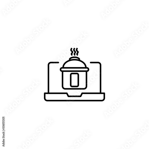 Simple black and white illustration drawn with thin line. Perfect for advertisement, internet shops, stores. Editable stroke. Vector line icon of multicooker on laptop monitor