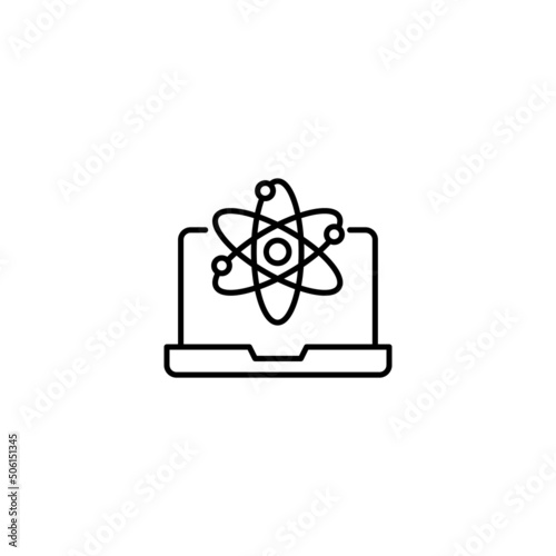 Simple black and white illustration drawn with thin line. Perfect for advertisement, internet shops, stores. Editable stroke. Vector line icon of isolated atoms on laptop monitor