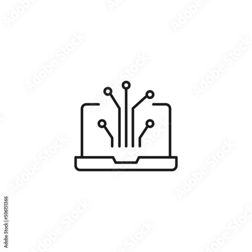 Simple black and white illustration drawn with thin line. Perfect for advertisement, internet shops, stores. Editable stroke. Vector line icon of wires or cables on laptop monitor