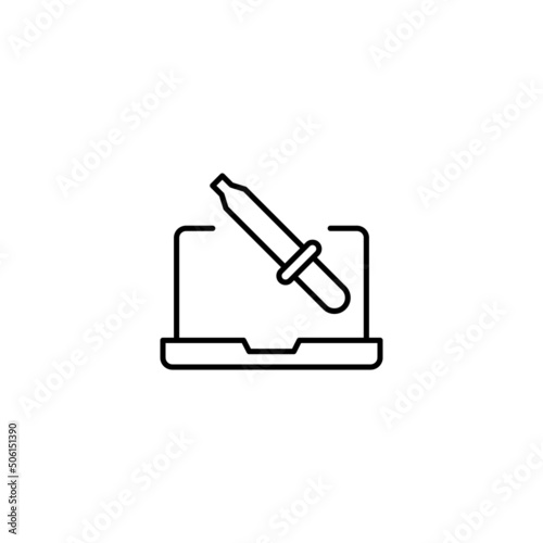 Simple black and white illustration drawn with thin line. Perfect for advertisement, internet shops, stores. Editable stroke. Vector line icon of pipette or dropper laptop monitor