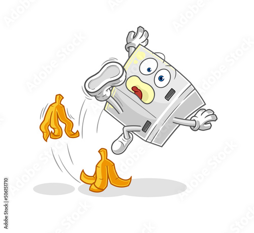 fridge slipped on banana. cartoon mascot vector