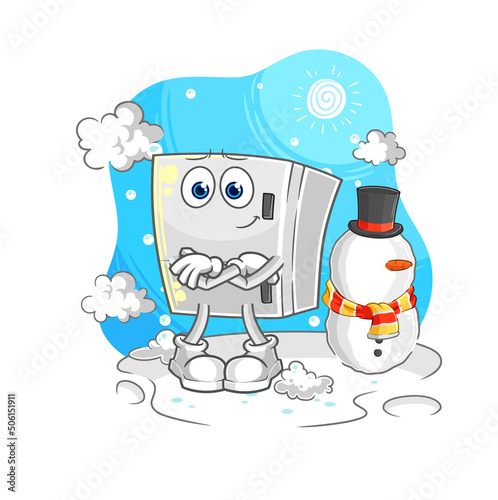 fridge in cold winter character. cartoon mascot vector