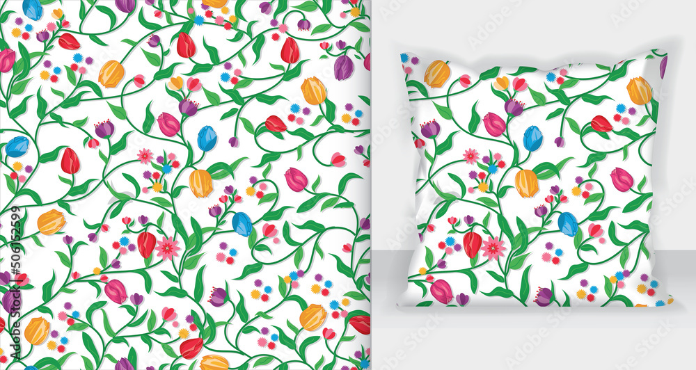 tulips colorful flowers pattern with Square pillow mockup.