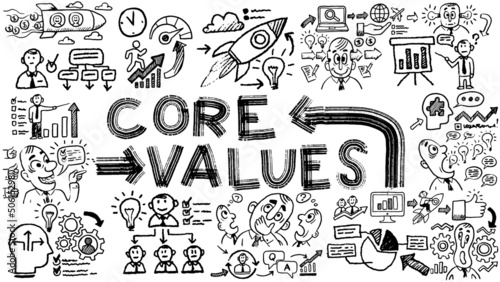 Business words and phrases typography doodle graphic with concept icons and symbols