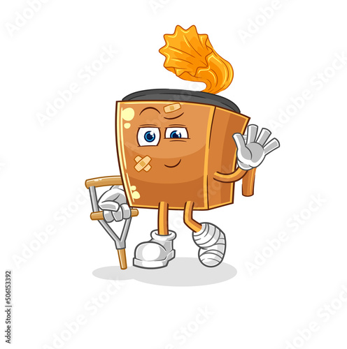 record player sick with limping stick. cartoon mascot vector
