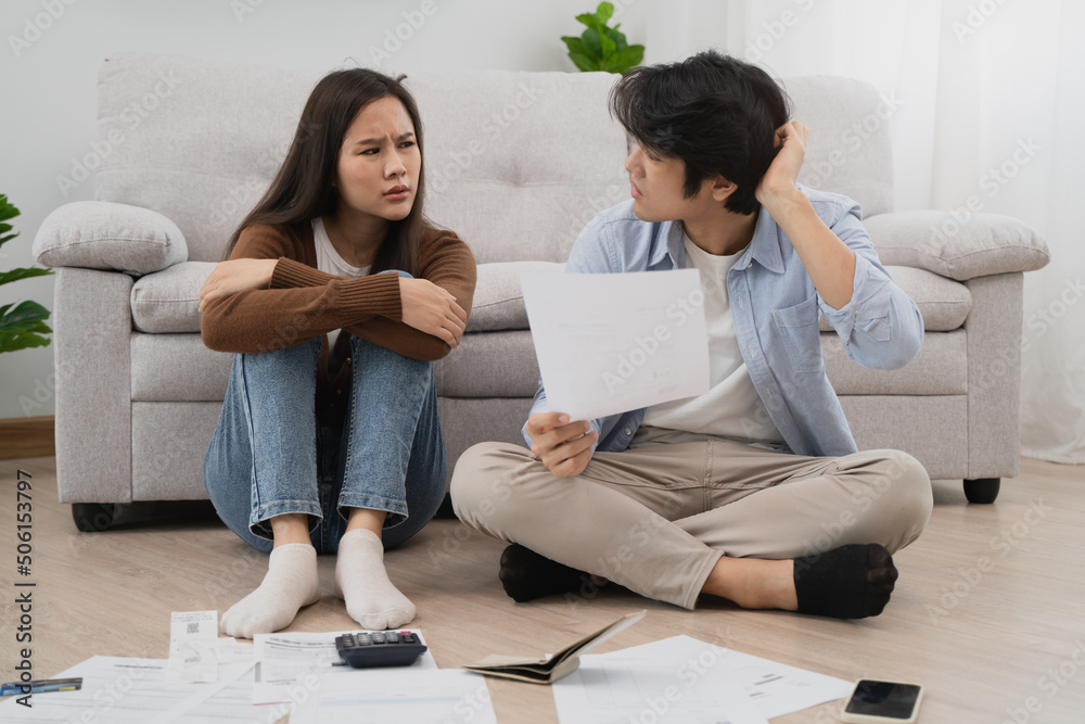 Family financial concept, Stressed wife and husband have a problem to pay loan can not pay credit card debt. Family financial concept, Stressed wife and husband have a problem to pay loan can not pay credit card debt.
