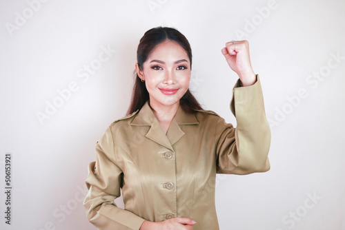 Beautiful Asian woman enthusiast, yes. Success concept of Indonesian government employees photo