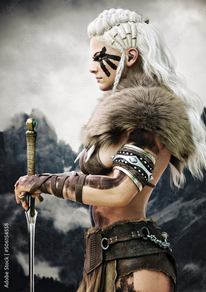 Portrait side view of a fierce viking female warrior with white braided ...