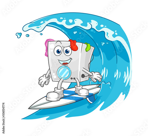 Photography washing machine surfing character. cartoon mascot vector