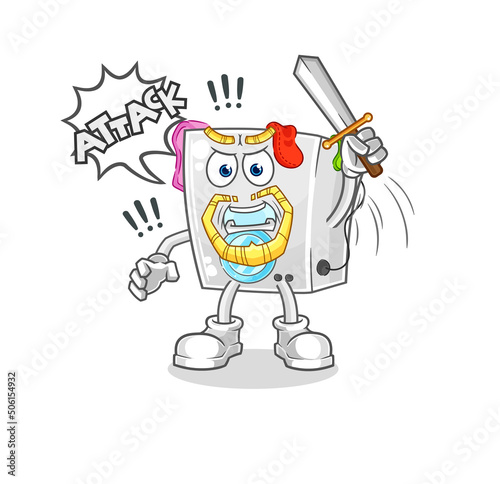 washing machine knights attack with sword. cartoon mascot vector