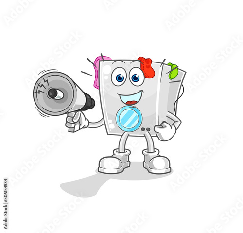 washing machine holding hand loudspeakers vector. cartoon character