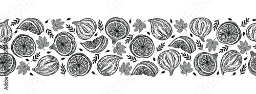 Figs seamless vector border. Sweet garden fruits whole, half, slice. Sketch of fresh berry with branches, leaves. Monochrome outline of mediterranean plant. Hand drawn botanical line art