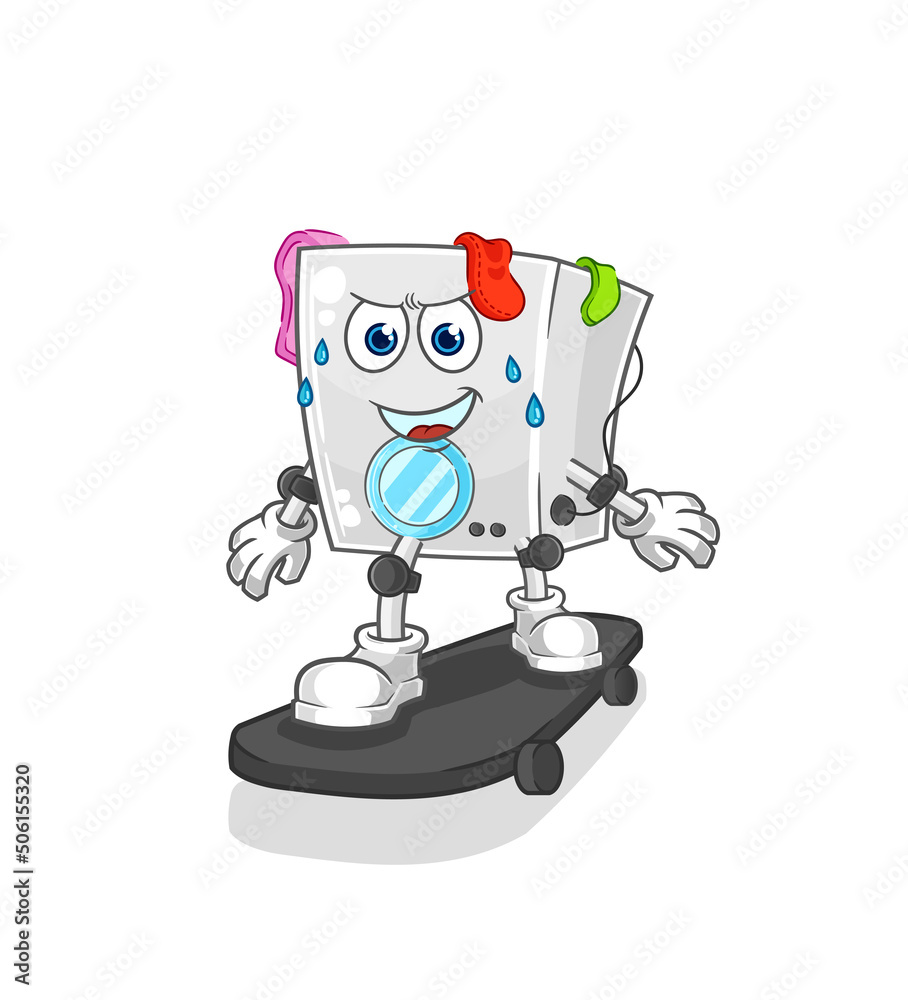 washing machine riding skateboard cartoon character vector