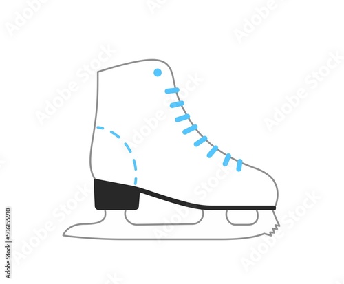 Various Sport equipment. Sticker with beautiful figure skating skate. Shoes with blade for ice skating. Healthy lifestyle or activity. Cartoon flat vector illustration isolated on white background