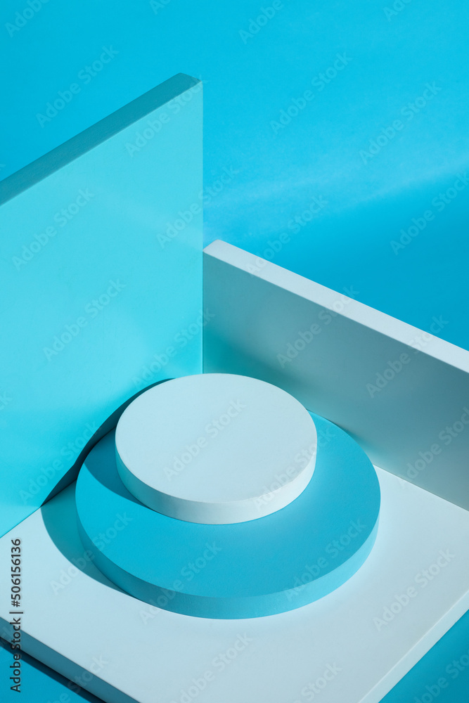 Blue and white podium with blue background Blue and white podium with blue background