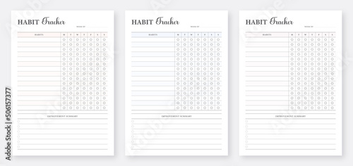 Weekly habit tracker. Printable Habits Tracker template. Daily habit tracker. Healthy habits planner template. Minimalist Planner Pages Templates. 3 set of habits tracker. photo