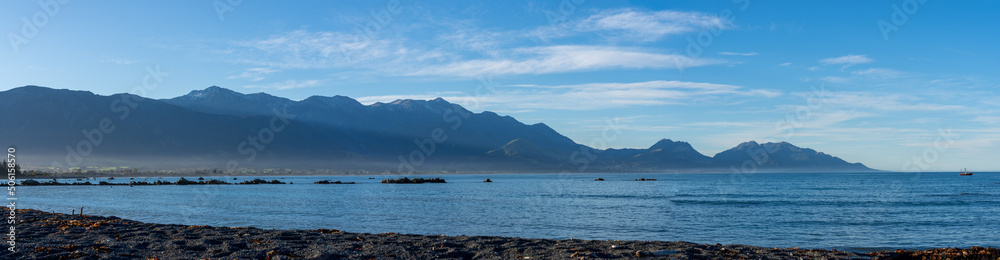 Panorama Kaikoura Bay with hills and mountains and sea Panorama Kaikoura Bay with hills and mountains and sea