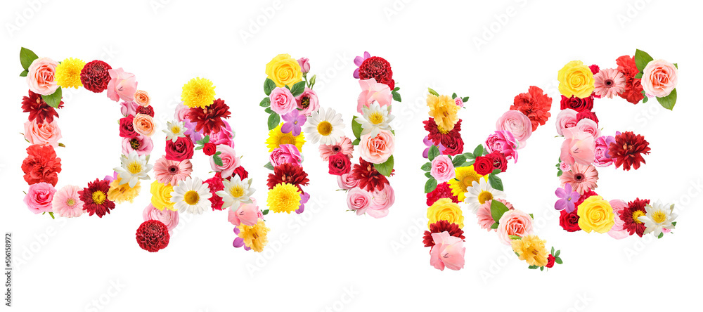Word DANKE (German for Thank you) made of flowers on white background