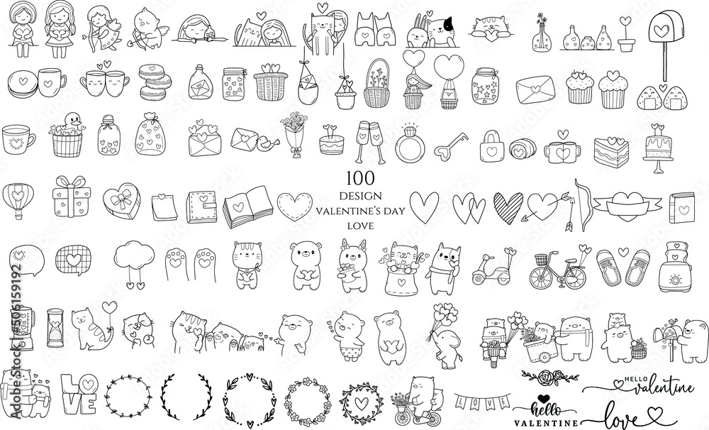 100 Valentine's Day with cartoon,element ,icon symbol,sign for love
hand drawn, doodle,line art,style .vector illustration