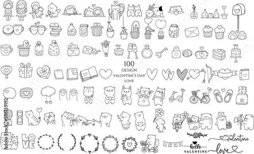100 Valentine's Day with cartoon,element ,icon symbol,sign for love hand drawn, doodle,line art,style .vector illustration