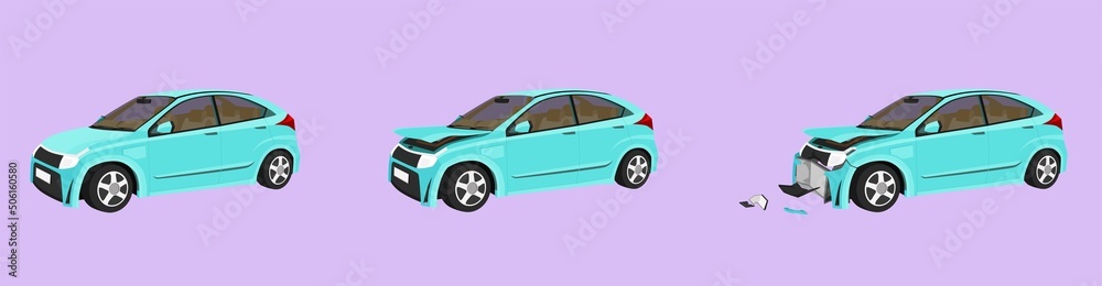 Cartoon vector or illustration. Status of the blue car from normal car To the car was slightly damaged. until the car was severely damaged Damage the entire front. Can see inside with in terior.