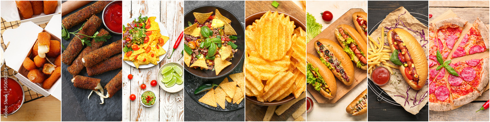 Collection of traditional fast food, top view Collection of traditional fast food, top view