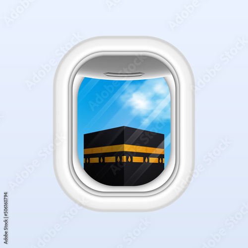 traveling at mecca with kaaba building on the airplane window for umra or hajj pilgrimage islamic religion photo