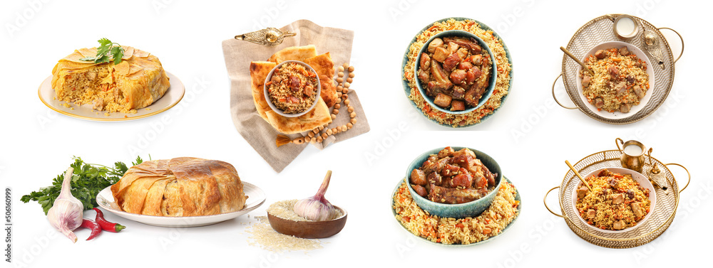 Set of tasty pilaf on white background Set of tasty pilaf on white background