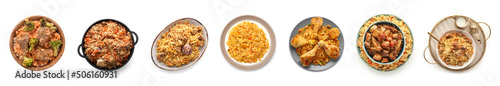 Set of tasty pilaf on white background, top view