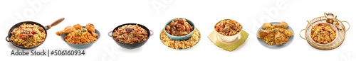 Set of tasty pilaf on white background