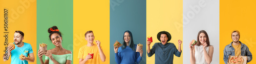 Fototapeta Set of young people eating fast food on colorful background